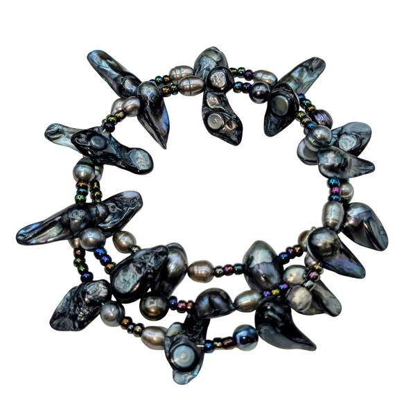 Genuine Gray Multi-Color Freshwater & Blister Pearl Wire Wrap Beaded Bracelet - Picture 10 of 10